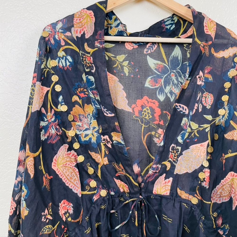 Free People Black Kimono Tie Front Sheer Floral OS - Picture 2 of 5